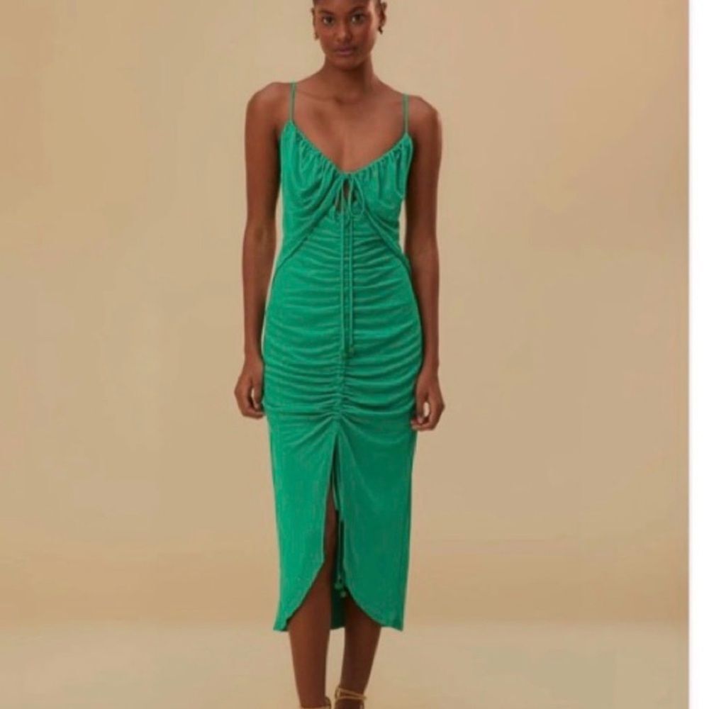 NWT FARM Rio Green Cut Out Ruched Sleeveless Midi Dress Size XXS $195 Retail
